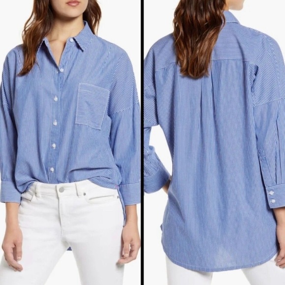Tommy Bahama Women's Breezy Bliss Stripe Button Down Shirt Size Large Blue White - Picture 1 of 11